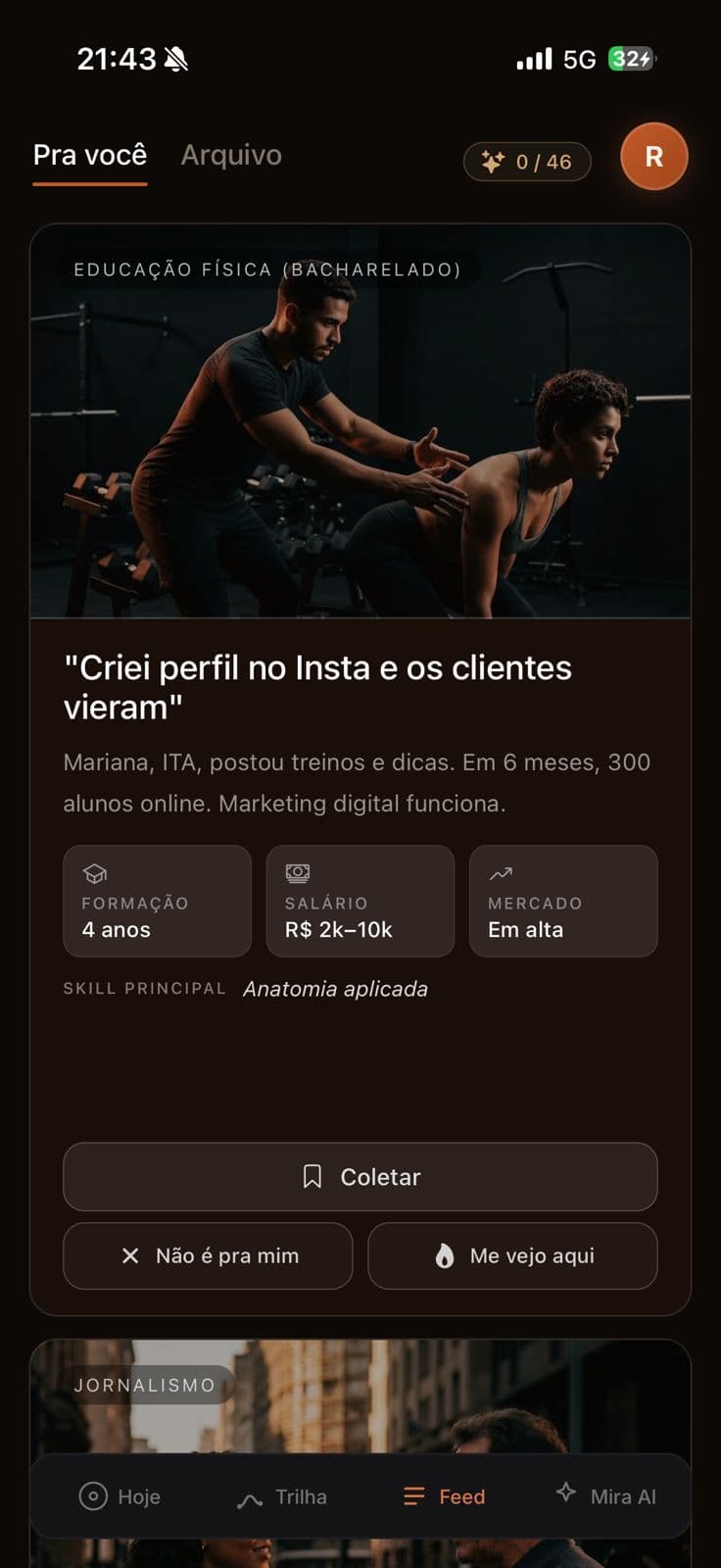 Tela Feed do app Mira