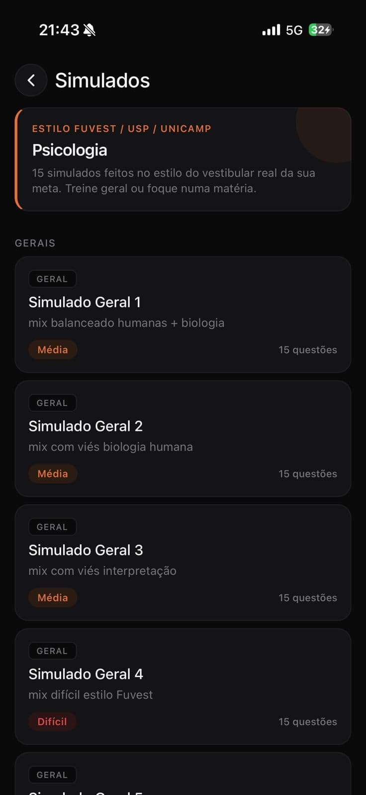 Tela Simulados do app Mira